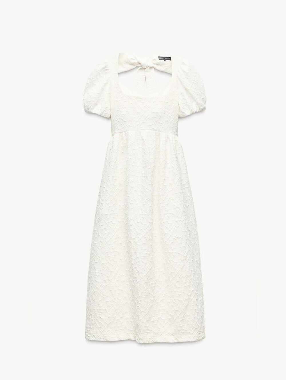 Zara White Textured Puff-Sleeve Midi Dress